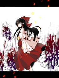 Rule 34 | 1girl, ascot, bare shoulders, black hair, bow, clothes lift, detached sleeves, female focus, floating hair, flower, from side, hair between eyes, hair bow, hair tubes, hakurei reimu, japanese clothes, letterboxed, long hair, looking away, looking to the side, miko, petals, plant, red bow, red eyes, skirt, skirt lift, solo, spider lily, standing, toudou (dolce), touhou, white background, wide sleeves, wind, wind lift, yellow ascot