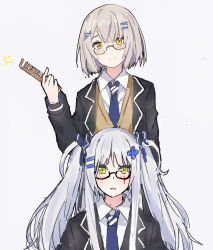 Rule 34 | 2girls, alternate costume, alternate hairstyle, blush, comb, commentary request, echj, girls&#039; frontline, glasses, green eyes, grey hair, highres, hk416 (girls&#039; frontline), multiple girls, necktie, partial commentary, school uniform, twintails, uniform, vector (girls&#039; frontline), white hair, yellow eyes