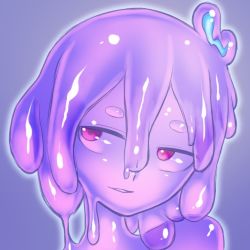 Rule 34 | 1girl, akira (meltyhip), colored sclera, colored skin, completely nude, hair ornament, hair over one eye, head tilt, jitome, medium hair, monster girl, nude, original, outline, parted lips, portrait, purple background, purple hair, purple sclera, purple skin, red eyes, seductive smile, simple background, slime girl, smile, solo, white outline