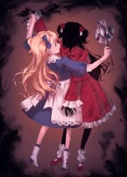 Rule 34 | 2girls, absurdres, apron, blonde hair, blue dress, dancing, dress, duster, emilico (shadows house), frills, full body, highres, kate (shadows house), long hair, long sleeves, medium dress, momomogeta, multiple girls, purple eyes, red dress, shadows house, shoes, silhouette, twintails, two side up