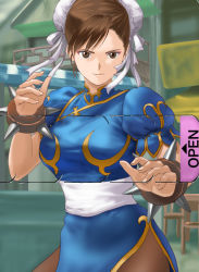 Rule 34 | 1girl, blue dress, bracelet, breasts, brown eyes, brown hair, bun cover, capcom, china dress, chinese clothes, chun-li, double bun, dress, female focus, fighting stance, ho den keiji, jewelry, large breasts, pantyhose, puffy short sleeves, puffy sleeves, sash, short hair, short sleeves, smile, solo, spiked bracelet, spikes, street fighter
