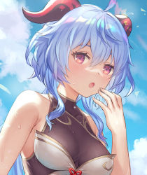 Rule 34 | 1girl, adapted costume, ahoge, anbe yoshirou, black one-piece swimsuit, blue hair, blue sky, blush, breasts, cloud, cloudy sky, commentary, eyelashes, ganyu (genshin impact), genshin impact, goat horns, hair between eyes, hand to own mouth, highres, horns, light blue hair, long hair, looking at viewer, medium breasts, one-piece swimsuit, open mouth, ponytail, purple eyes, sky, solo, swimsuit, upper body, wet