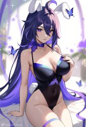 Rule 34 | 1girl, ahoge, animal ears, arm support, bare shoulders, black leotard, blurry, blurry background, breasts, bug, butterfly, choker, cleavage, commentary, covered navel, fake animal ears, groin, hand on own chest, helloimtea, highres, honkai: star rail, honkai (series), insect, large breasts, leotard, long hair, looking at viewer, nail polish, purple choker, purple eyes, purple hair, purple nails, rabbit ears, seele (honkai: star rail), sitting, solo, spaghetti strap, thigh strap, thighs, very long hair