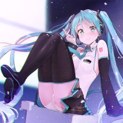 Rule 34 | 1girl, ameyame, aqua eyes, aqua hair, ass, bad id, bad pixiv id, bare shoulders, black thighhighs, blush, breasts, chromatic aberration, detached sleeves, hair ornament, hatsune miku, hatsune miku (vocaloid3), headset, long hair, long sleeves, looking at viewer, necktie, panties, pantyshot, shirt, sitting, skirt, smile, solo, tattoo, thighhighs, thighs, twintails, underwear, upskirt, very long hair, vocaloid, white panties, wide sleeves