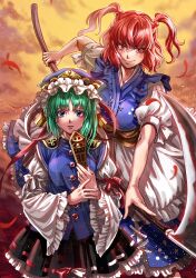 Rule 34 | 2girls, absurdres, asymmetrical hair, breasts, cloud, frills, gold trim, green hair, hair bobbles, hair ornament, hat, height difference, highres, holding, holding scythe, kuya (hey36253625), large breasts, light particles, medium hair, multiple girls, onozuka komachi, parted lips, red eyes, red hair, rod of remorse, scythe, serious, shiki eiki, skirt, touhou, two side up, v-shaped eyebrows, wide sleeves