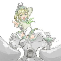 Rule 34 | &gt;:d, 1girl, :d, animal, animal ears, animal on head, arm behind head, blonde hair, blush, boyo (hellmayuge), cannon, crab, fake animal ears, foreshortening, green eyes, green footwear, green hat, green skirt, hat, looking at viewer, machinery, on head, open mouth, pleated skirt, pointing, pointing at viewer, roberts (warship girls r), sailor collar, sailor shirt, shirt, shoes, side ponytail, sitting, sketch, skirt, smile, spread legs, teeth, thighhighs, turret, v-shaped eyebrows, warship girls r, white background, white thighhighs
