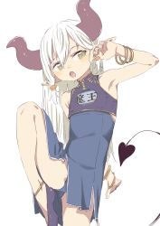 Rule 34 | 1girl, absurdres, alternate hair color, anklet, blue dress, blue panties, bracelet, brown eyes, china dress, chinese clothes, demon horns, demon tail, dress, emma august, female focus, highres, horns, jewelry, long hair, nijisanji, open mouth, panties, pointy ears, purple footwear, satsuyo, shoes, simple background, solo, standing, standing on one leg, tail, underwear, virtual youtuber, white background, white hair