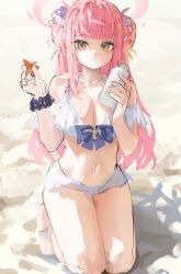 Rule 34 | 1girl, bikini, blue archive, blunt bangs, bow, breasts, cleavage, closed mouth, double bun, hair bun, halo, highres, holding, kneeling, korean commentary, large breasts, long hair, looking at viewer, mika (blue archive), pink hair, scrunchie, sidelocks, sketch, solo, starfish, swimsuit, white bikini, wrist scrunchie, yellow eyes, yonchan