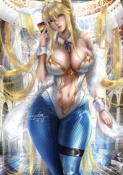 Rule 34 | 1girl, ahoge, animal ears, artoria pendragon (all), artoria pendragon (fate), artoria pendragon (swimsuit ruler) (fate), bare shoulders, blonde hair, blue neckwear, blue pantyhose, braid, breasts, card, cleavage, clothing cutout, detached collar, donyta, fake animal ears, fate/grand order, fate (series), feather boa, fishnet pantyhose, fishnets, french braid, green eyes, hair between eyes, highleg, highleg leotard, large breasts, leotard, long hair, looking at viewer, navel, navel cutout, necktie, pantyhose, playboy bunny, playing card, ponytail, rabbit ears, sidelocks, tiara, white leotard, wrist cuffs