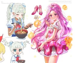 Rule 34 | 3girls, aikatsu!, aikatsu! (series), blonde hair, bow, character request, chopsticks, closed eyes, closed mouth, crown, dress, eating, food, hair bow, hand up, high ponytail, highres, holding, holding chopsticks, hoshimiya ichigo, long hair, multiple girls, noodles, pink dress, pink footwear, puffy short sleeves, puffy sleeves, purple eyes, purple hair, ramen, red bow, shoes, short sleeves, simple background, sycisycii, todo yurika, twintails, very long hair, white background, white hair