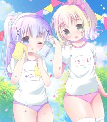 Rule 34 | 2girls, :d, ;o, alternate hairstyle, blonde hair, blue eyes, blue sky, blush, bottle, buruma, bush, cloud, commentary request, confetti, cowboy shot, day, gochuumon wa usagi desu ka?, green eyes, gym shirt, gym uniform, hair ornament, hair scrunchie, hair up, hairband, high ponytail, highres, holding, holding bottle, kafuu chino, kirima syaro, looking at another, looking at viewer, multiple girls, one eye closed, open mouth, outdoors, parted lips, pennant, pink buruma, pink hairband, ponytail, purple buruma, purple hair, purple hairband, rin (fuwarin), scrunchie, shirt, short sleeves, sky, smile, standing, string of flags, thighhighs, towel, towel around neck, water bottle, white legwear, white scrunchie, white shirt, wiping sweat, x hair ornament