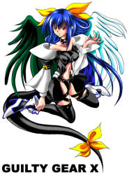 Rule 34 | 1girl, arc system works, asymmetrical wings, bare shoulders, blue hair, choker, dizzy (guilty gear), guilty gear, guilty gear x, kneeling, red eyes, ribbon, solo, tail, tail ornament, tail ribbon, thighhighs, wings