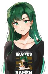 Rule 34 | 1girl, asymmetrical bangs, black shirt, blouse, blush, breasts, collarbone, earrings, fire emblem, fire emblem: the blazing blade, green eyes, green hair, highres, jewelry, long hair, looking at viewer, lyn (fire emblem), medium breasts, nintendo, ormille, shirt, simple background, smile, solo, upper body, white background