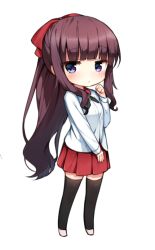 Rule 34 | 10s, 1girl, :&lt;, bad id, bad pixiv id, black thighhighs, blue eyes, blush, bow, brown hair, chibi, clenched hand, closed mouth, collared shirt, full body, hair bow, high ponytail, long hair, long sleeves, new game!, red bow, red skirt, shirt, shnva, shoes, simple background, skirt, solo, takimoto hifumi, thighhighs, very long hair, white background, white shirt, wing collar, zettai ryouiki