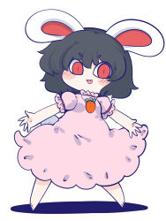 Rule 34 | 1girl, animal ears, barefoot, black hair, blush, carrot necklace, chahan (fried rice0614), chibi, commentary, dress, frilled sleeves, frills, full body, highres, inaba tewi, jewelry, looking at viewer, necklace, open mouth, pink dress, pink shirt, pink skirt, puffy short sleeves, puffy sleeves, rabbit ears, rabbit girl, rabbit tail, red eyes, ribbon-trimmed dress, ribbon-trimmed skirt, ribbon trim, shadow, shirt, short hair, short sleeves, simple background, skirt, solo, spread fingers, standing, tail, teeth, touhou, upper teeth only, white background