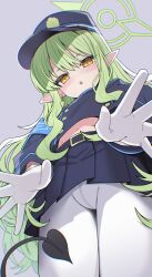 Rule 34 | 1girl, absurdres, belt, black belt, black hat, black jacket, black skirt, black tail, blue archive, blush, cowboy shot, demon tail, earrings, from below, gloves, green hair, green halo, halo, hat, highres, hikari (blue archive), izuoku, jacket, jewelry, long hair, long sleeves, looking at viewer, navel, open mouth, pantyhose, peaked cap, pleated skirt, pointy ears, single earring, skirt, solo, tail, white gloves, white pantyhose, yellow eyes