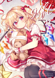Rule 34 | 1girl, ascot, bandages, black thighhighs, blonde hair, blush, box, cake, comiket 103, crystal wings, dress, flandre scarlet, food, frilled skirt, frilled sleeves, frilled wrist cuffs, frills, gift, gift box, hair between eyes, looking at viewer, lying, medium hair, mimi (mimi puru), on side, puffy sleeves, red dress, red eyes, red ribbon, ribbon, short sidetail, sidelocks, skirt, strawberry shortcake, stuffed animal, stuffed toy, teddy bear, thighhighs, touhou, wrist cuffs, zettai ryouiki
