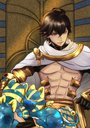 Rule 34 | 1boy, abs, absurdres, ahoge, animal, animal ears, bare pectorals, black gloves, brown hair, cape, cat, cat ears, cat tail, dark skin, dark-skinned male, egyptian, egyptian clothes, fate/grand order, fate/prototype, fate/prototype: fragments of blue and silver, fate (series), gauntlets, gloves, hair between eyes, highres, holding, holding animal, holding cat, jewelry, looking to the side, male focus, muscular, necklace, ozymandias (fate), pectorals, plata xx, topless male, shrug (clothing), solo, tail, white cape, yellow eyes