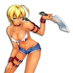 Rule 34 | 10s, 1girl, ahoge, bare shoulders, bikini, bikini top only, blonde hair, blue eyes, breasts, cleavage, collar, da-cart, denim, denim shorts, hair between eyes, hand on leg, highres, holding, holding knife, knife, leaning forward, licking lips, looking at viewer, medium breasts, mito ikumi, shokugeki no souma, short hair, shorts, simple background, solo, standing, swimsuit, tongue, tongue out, white background