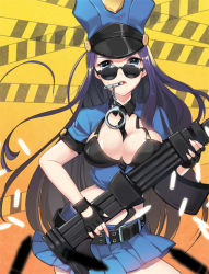Rule 34 | 1girl, belt, belt skirt, between breasts, black hair, blue eyes, blue skirt, breast press, breast rest, breasts, caitlyn (league of legends), carried breast rest, carrying, cleavage, cuffs, dakun, gun, handcuffs, hat, holding, holding weapon, large breasts, league of legends, long hair, midriff, mouth hold, necktie, officer caitlyn, open mouth, police, police hat, police uniform, policewoman, short sleeves, skirt, solo, sunglasses, uniform, weapon