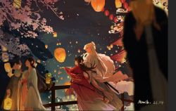 Rule 34 | 1boy, 3girls, architecture, artist name, blurry, blurry foreground, branch, brown hair, closed mouth, commentary request, dated, east asian architecture, facial mark, flower, hair flower, hair ornament, hair ribbon, highres, inuyasha, japanese clothes, kimono, lantern, long hair, long sleeves, mmmilk, multiple girls, night, night sky, outdoors, paper lantern, pink flower, pointy ears, ponytail, railing, red kimono, red ribbon, ribbon, rin (inuyasha), sesshoumaru, sky, smile, whisker markings, white hair, white kimono