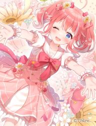 Rule 34 | 1girl, ahoge, bang dream!, blue eyes, blush, breasts, character request, collarbone, commentary request, dress, flower, hair ornament, looking at viewer, medium hair, one eye closed, open mouth, pink hair, reaching, reaching towards viewer, ribbon, serino itsuki, simple background, small breasts, solo, teeth, upper teeth only, white background
