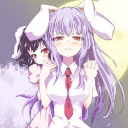Rule 34 | 2girls, animal ears, between breasts, black hair, blush, breasts, crying, crying with eyes open, dress, dress shirt, female focus, full moon, holding hands, inaba tewi, interlocked fingers, large breasts, long hair, moon, multiple girls, necktie, purple hair, rabbit ears, red eyes, red necktie, reisen udongein inaba, ryu-tan, shirt, short hair, tears, touhou, upper body