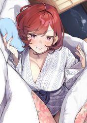 Rule 34 | 1girl, 92m, absurdres, ahoge, breasts, cleavage, cloud, commentary, fingernails, highres, kinshi no ane (92m), large breasts, looking at viewer, lying, night, night sky, on side, original, pillow, pink eyes, red hair, short hair, sky, smile, solo, under covers