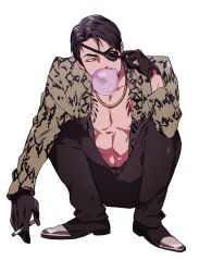 Rule 34 | 1boy, adjusting eyepatch, animal print, black footwear, black gloves, black hair, black pants, bubble, chewing gum, cigarette, gloves, gold necklace, highres, jacket, jewelry, leather, leather gloves, majima goro, male focus, mature male, necklace, one-eyed, open clothes, open jacket, pants, print eyepatch, red eyes, ryuu ga gotoku (series), samuraisamurai, shadow, shoes, short hair, simple background, snake print, solo, squatting, white background