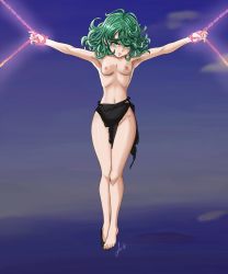 Rule 34 | 1girl, absurdres, armpits, arms stretched, bound, breasts, dress, green eyes, green hair, highres, legs together, luizhtx, navel, nipples, one-punch man, ribs, shoes, signature, single shoe, sky, small breasts, solo, tatsumaki, torn clothes, torn dress