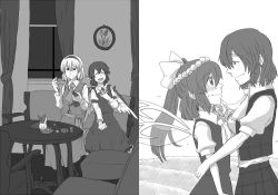 Rule 34 | 4girls, alice margatroid, ascot, blush, chair, couch, curtains, daiyousei, doll, eye contact, fairy wings, female focus, flower, grabbing another&#039;s chin, greyscale, hand on another&#039;s chin, head wreath, kazami yuuka, laughing, living room, looking at another, monochrome, multiple girls, mystia lorelei, needle, nervous, plaid, plaid skirt, plaid vest, sewing, shanghai doll, side ponytail, skirt, skirt set, smile, table, thread, torinone, touhou, vest, window, wings, yuri