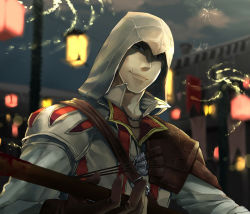 Rule 34 | 1boy, aerial fireworks, assassin&#039;s creed (series), assassin&#039;s creed ii, bad id, bad pixiv id, blood, ezio auditore da firenze, fireworks, gloves, hood, jewelry, male focus, md5 mismatch, necklace, polearm, scar, sen nai, smile, solo, spear, weapon