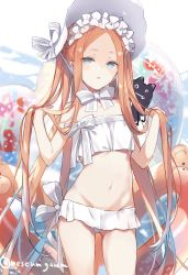 Rule 34 | 1girl, abigail williams (fate), abigail williams (swimsuit foreigner) (fate), abigail williams (swimsuit foreigner) (third ascension) (fate), bare shoulders, bikini, black cat, blonde hair, blue eyes, bonnet, bow, breasts, cat, fate/grand order, fate (series), forehead, fukuda935, hair bow, innertube, long hair, miniskirt, navel, open mouth, parted bangs, sidelocks, skirt, small breasts, solo, swim ring, swimsuit, thighs, twintails, very long hair, white bikini, white bow, white headwear