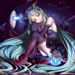 Rule 34 | 1girl, aqua hair, bare shoulders, between legs, black neckwear, blood, bloody tears, blue fire, boots, breast press, breasts, claws, closed mouth, collarbone, copyright request, crying, crying with eyes open, dark background, demon horns, dress, expressionless, fire, full body, gem, gradient hair, green hair, hand between legs, hand on own knee, highres, horns, knees to chest, knees up, kukuri (ahagon), long hair, looking at viewer, medium breasts, monster, multicolored hair, pale skin, panties, pantyshot, parted bangs, pink panties, purple dress, purple footwear, red eyes, sitting, skull, solo, strapless, strapless dress, sword, tears, thigh boots, thighhighs, tiara, underwear, upskirt, very long hair, weapon