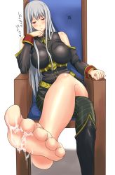 Rule 34 | 00s, 1girl, asymmetrical legwear, bad id, bad pixiv id, bare shoulders, barefoot, blush, breasts, chair, crossed legs, cum, cum on body, cum on feet, cum on lower body, feet, foot focus, grave accent (period), highres, large breasts, long hair, looking at viewer, military, military uniform, pantyhose, parted lips, red eyes, selvaria bles, senjou no valkyria, senjou no valkyria (series), senjou no valkyria 1, silver hair, single leg pantyhose, sitting, solo, toes, uneven legwear, uniform