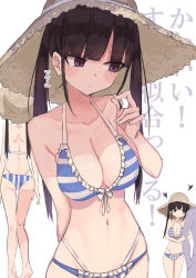 Rule 34 | 1boy, 1girl, absurdres, arm hug, bikini, black hair, blush, breasts, cleavage, embarrassed, frilled bikini, frilled swimsuit, frills, front-tie bikini top, front-tie top, hat, heart, highres, lace, lace-trimmed bikini, lace trim, large breasts, layered bikini, long hair, multiple views, navel, original, purple eyes, rucchiifu, sidelocks, skindentation, stomach, striped bikini, striped clothes, sun hat, swimsuit