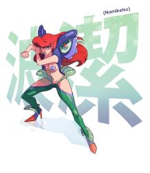 Rule 34 | 1girl, algosky, ariel (disney), blue eyes, boots, breasts, cleavage, disney, high heel boots, high heels, highres, humanization, kamui (kill la kill), kill la kill, long hair, medium breasts, navel, parody, pasties, red hair, revealing clothes, solo, the little mermaid, thigh boots, thighhighs