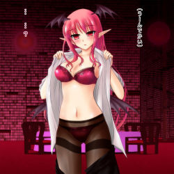 Rule 34 | 1girl, bat wings, blush, bra, breasts, empty eyes, head wings, hypnosis, koakuma, lace, lace-trimmed bra, lace trim, large breasts, library, long hair, midriff, mind control, miniskirt, navel, open clothes, open shirt, panties, panties under pantyhose, pantyhose, pointy ears, red bra, red eyes, shirt, skirt, solo, thighband pantyhose, touhou, translation request, underwear, undressing, wings, yumi (careca398)