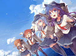 Rule 34 | 10s, 4girls, akatsuki (kancolle), arms up, black legwear, blue eyes, blue sky, brown eyes, brown hair, cannon, cloud, day, closed eyes, flat cap, folded ponytail, hair ornament, hairclip, hands on own chest, hat, hibiki (kancolle), ikazuchi (kancolle), inazuma (kancolle), kantai collection, machinery, multiple girls, neckerchief, ocean, open mouth, pantyhose, purple eyes, purple hair, red neckerchief, sailor hat, school uniform, serafuku, shirt, silver hair, skirt, sky, smile, thighhighs, yetworldview kaze, zettai ryouiki