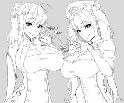 Rule 34 | :p, azur lane, bad id, bad twitter id, breasts, cleavage, cleavage cutout, clothing cutout, elbow gloves, gloves, greyscale, handjob gesture, hat, honolulu (azur lane), huge breasts, long hair, monochrome, penetration gesture, sexually suggestive, signum (nanohanano77), sketch, st. louis (azur lane), tongue, tongue out, twintails