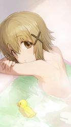 Rule 34 | 1girl, bath, bathing, brown eyes, brown hair, commentary, hair ornament, hairclip, hidamari sketch, highres, hiroki (yyqw7151), looking at viewer, looking back, nude, partially submerged, rubber duck, short hair, solo, water, x hair ornament, yuno (hidamari sketch)