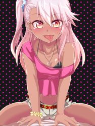 Rule 34 | 1girl, belt, bikini, bikini under clothes, blush, bra strap, chloe von einzbern, collarbone, crop top, crop top overhang, dark-skinned female, dark skin, fate/kaleid liner prisma illya, fate (series), female focus, heart, heart-shaped pupils, heart necklace, highres, jewelry, kurorettsu, long hair, looking at viewer, navel, necklace, off shoulder, pink hair, scrunchie, shiny skin, short shorts, shorts, side ponytail, smile, solo, star (symbol), starry background, straddling, strap slip, swimsuit, symbol-shaped pupils, tank top, thong, tongue, tongue out, white hair, yellow eyes