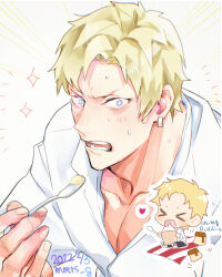 Rule 34 | 1boy, artist name, billy kane, blonde hair, blue eyes, blush, dated, earrings, eating, embarrassed, english text, food, holding, holding spoon, jewelry, looking at viewer, male focus, mmts g, open mouth, pudding, solo, spoon, teeth, the king of fighters, the king of fighters for girls