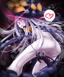 Rule 34 | 1girl, abigail williams (fate), ass, black bow, black panties, bow, butt crack, fate/grand order, fate (series), from behind, gloves, glowing, glowing eye, grey hair, hat, hat bow, highres, key, keyhole, long hair, orange bow, pale skin, panties, pink eyes, pussy, pussy juice, revealing clothes, solo, star (symbol), star print, tentacles, third eye, underwear, very long hair, witch hat