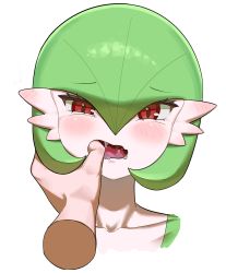 Rule 34 | !?, 1girl, blush, bob cut, collarbone, colored skin, creatures (company), disembodied limb, drooling, ear blush, female focus, finger in another&#039;s mouth, game freak, gardevoir, gen 3 pokemon, green hair, green skin, hair between eyes, half-closed eye, hand on another&#039;s cheek, head tilt, highres, looking at viewer, multicolored skin, nintendo, open mouth, pokemon, pokemon (creature), portrait, pov, red eyes, saliva, short hair, simple background, solo focus, straight-on, tongue, two-tone skin, uneven eyes, white background, white skin, yawar