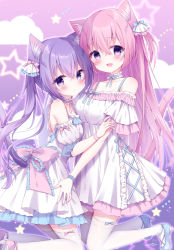 Rule 34 | 2girls, absurdres, animal ear fluff, animal ears, back bow, bare shoulders, blue footwear, blush, bow, breasts, cat ears, collar, commentary request, dress, fang, full body, gradient background, hair ribbon, highres, hug, kneeling, long hair, looking at viewer, medium breasts, momochi chia, multiple girls, open mouth, original, parted lips, pink background, pink bow, pink footwear, pink hair, purple background, purple eyes, purple hair, ribbon, short ponytail, side ponytail, skin fang, thighhighs, very long hair, white collar, white dress, white legwear, wristband