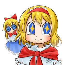 Rule 34 | 1girl, alice margatroid, blonde hair, blue dress, blue eyes, bow, bowtie, button eyes, buttons, chamaji, commentary, doll, dress, frilled hairband, frills, hair between eyes, hair bow, hairband, looking at viewer, lowres, profile picture, red bow, red hairband, red neckwear, sash, shanghai doll, short hair, signature, simple background, star-shaped pupils, star (symbol), symbol-shaped pupils, touhou, upper body