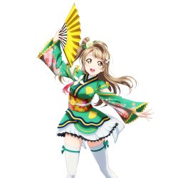 Rule 34 | 10s, 1girl, :d, corsage, detached sleeves, floral print, flower, folding fan, green ribbon, hair flower, hair ornament, hand fan, holding, holding fan, japanese clothes, kimono, long hair, looking at viewer, love live!, love live! school idol festival, love live! school idol project, minami kotori, non-web source, obi, official art, one side up, open mouth, ribbon, sash, short kimono, smile, solo, thighhighs, transparent background, white thighhighs, wide sleeves