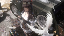 Rule 34 | 1girl, animal, arm at side, belt, belt buckle, bird, black gloves, blunt bangs, bottle, breasts, brown hair, brown hat, brown skirt, buckle, capelet, car, cleavage, compass, corset, cowboy shot, cross, cross necklace, cross print, cup, day, english text, expressionless, feathers, fingerless gloves, from above, gloves, hat, highres, holding, jewelry, layered clothes, layered skirt, long sleeves, looking at viewer, looking up, medium breasts, motion blur, motor vehicle, necklace, novelance, open mouth, orange eyes, original, outdoors, paper, pendant, pouch, road, scenery, short hair, skirt, solo, standing, street, suitcase, test tube, thigh strap, underbust