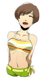 Rule 34 | 1girl, 337, 337 (337lm), arms behind back, brown hair, closed eyes, midriff, navel, open mouth, persona, persona 4, ribbon, satonaka chie, short hair, smile, solo, swimsuit, white background